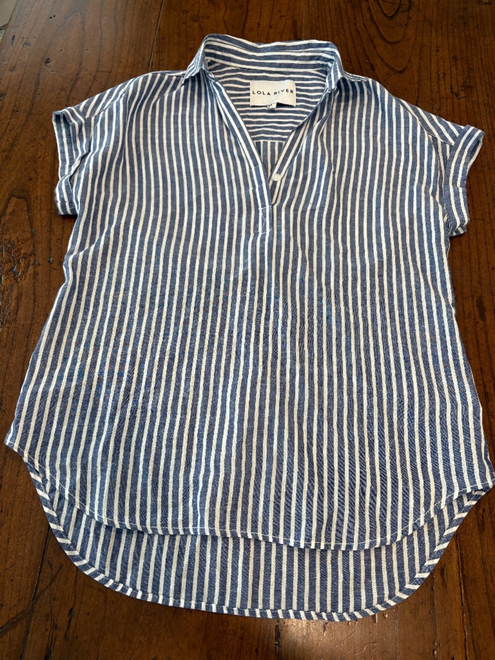 Lola River Blue White Striped Linen Tencel Popover Blouse Top Size Small